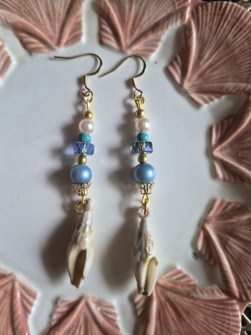 Gold-Tone Shell Drop Earrings with Blue Beads